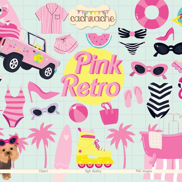 Pink retro clipart, pink doll clipart, Malibu doll, 90s nostalgia clipart, 11.5 fashion doll clipart, vintage doll clipart - PNG designs HQ