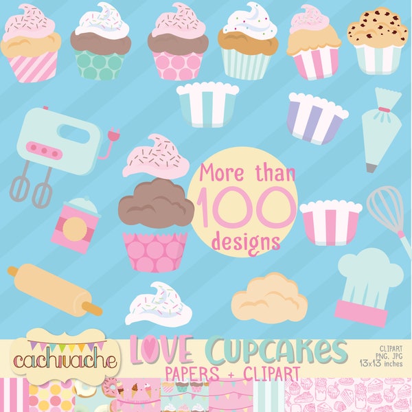 cupcake clipart and digital papers - More than 100 designs! cupcakes, donuts, letters and much more in PNG in HQ