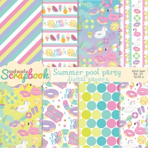 Papel digital de verano, clipart de fiesta en la piscina de verano, papel digital de flamenco, papel digital de unicornio, papel digital de fiesta en la piscina: PNG y JPG en alta calidad