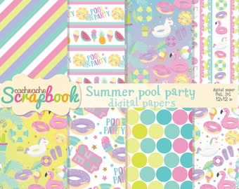 Summer digital paper, summer pool party clipart, flamingo digital paper, unicorn digital paper, pool party digital paper-PNG and JPG in HQ