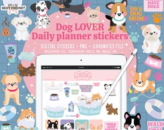 May include: Digital planner stickers featuring cute cartoon dogs in various poses and activities, including walking, bathing, and playing. The stickers are designed in a bright and colorful style with pink, blue, and yellow accents. The text "Dog Lover Daily Planner Stickers" is displayed at the top of the image.