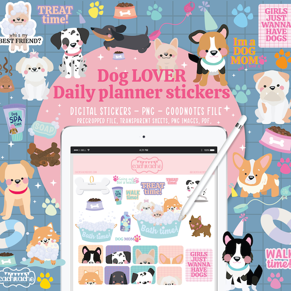 Dog stickers for digital planning, cute puppy stickers for planner apps. Digital planner stickers for goodnotes