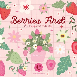 Erdbeere Clipart PNG Bundle | 51 transparente Obst und Blumen Designs für Beeren Erstgeburtstag Party Dekor, kommerzielle Nutzung & andere Projekte