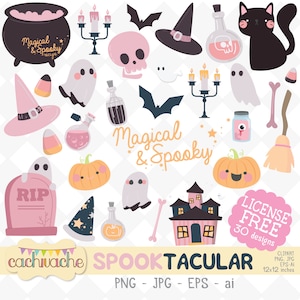 Halloween clipart, vector and PNG files, Pink halloween clipart, Cute Ghosts clipart - 30 editable designs, vector, PNG & JPG files