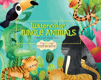 watercolor jungle clipart, jungle animals clipart, tiger, toucan, gorilla, and more jungle elements in PNG in HQ