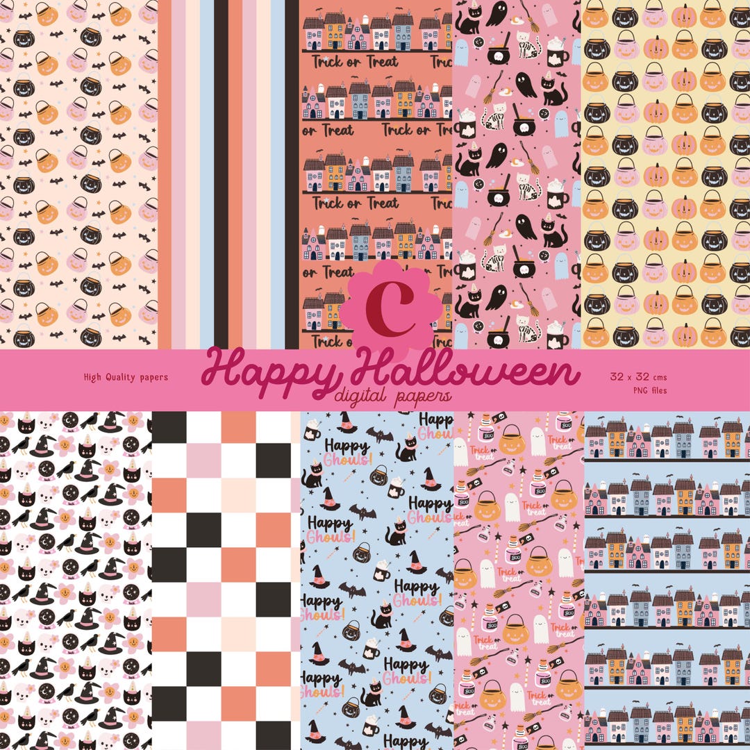 Halloween Digital Paper Bundle, 10 PNG Papers With Cute Ghosts ...