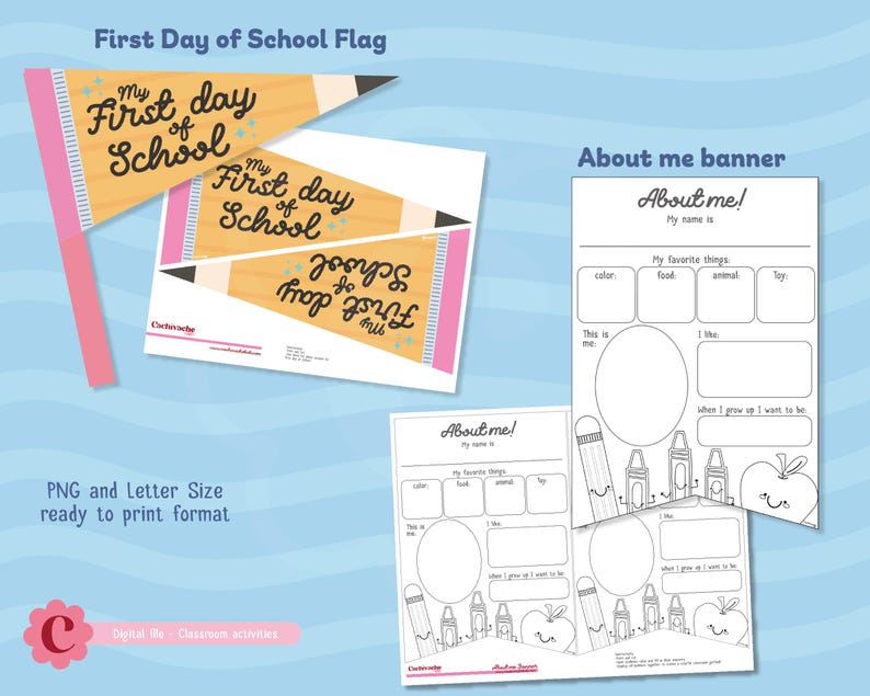 May include: A set of printable school-themed stationery. Includes a "First Day of School" flag and "About Me" banners. The flag is shaped like a pencil with the text "My First Day of School". The "About Me" banner has fill-in sections.