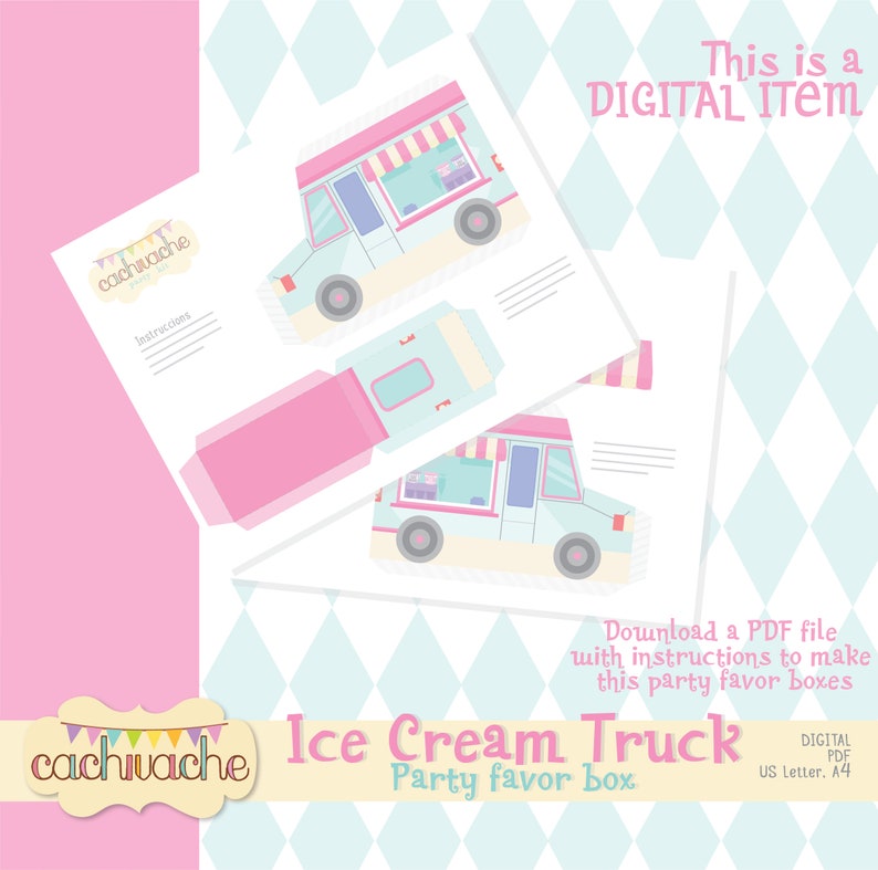 Ice cream truck printable box, party favor digital box, party printable PDF kit - Instant Download in HQ ( paper size US Letter / A4)