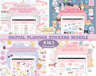 Digital Planner Sticker Bundle, Goodnotes Sticker Pack for Ipad, Everyday Stickers, 3D Weekly stickers, Dog stickers, Pastel stickers