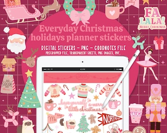 christmas digital planner stickers, everyday planner stickers, goodnotess stickers, precropped stickers, planner stickers, pink christmas