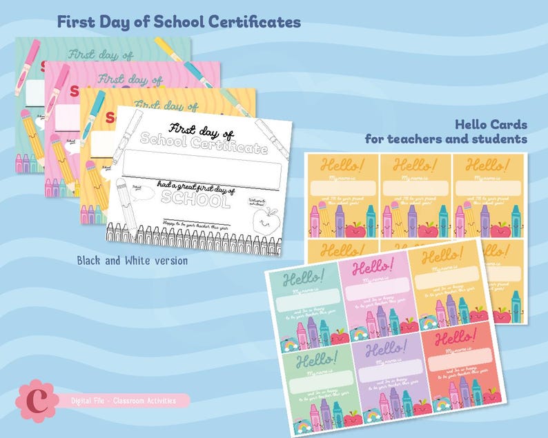 Back to School Printable Bundle . Ready to print First Day Activities for Teachers. It contains Editable Certificates, About me Banner, Name Tags for students and teachers - Ready to print. Perfect Bundle for teachers this Back to School season.