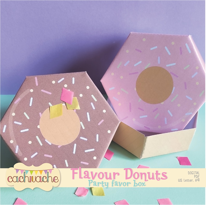 Donut box, Donut party favor box, party favor box digital, party print PDF kit Descarga instantánea en HQ tamaño de papel US Letter / A4 imagen 2