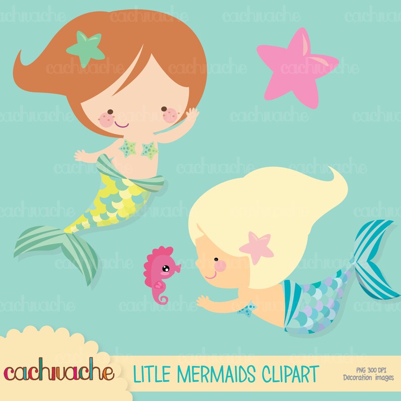 Cute Mermaid Clipart - Young Mermaid girls clipart for Under the Sea Decoration