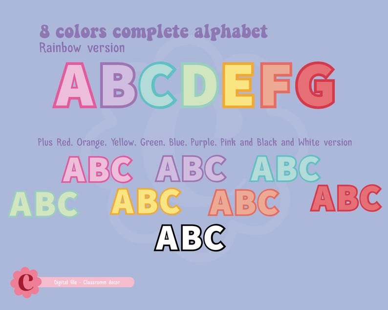 Printable Bulletin Board Letters Digital Download Teaching Material Classroom Display Rainbow Color Collection Letter Size Paper Educational Resource Multiple Format Files Transparent Background High Resolution Alphabet Set School