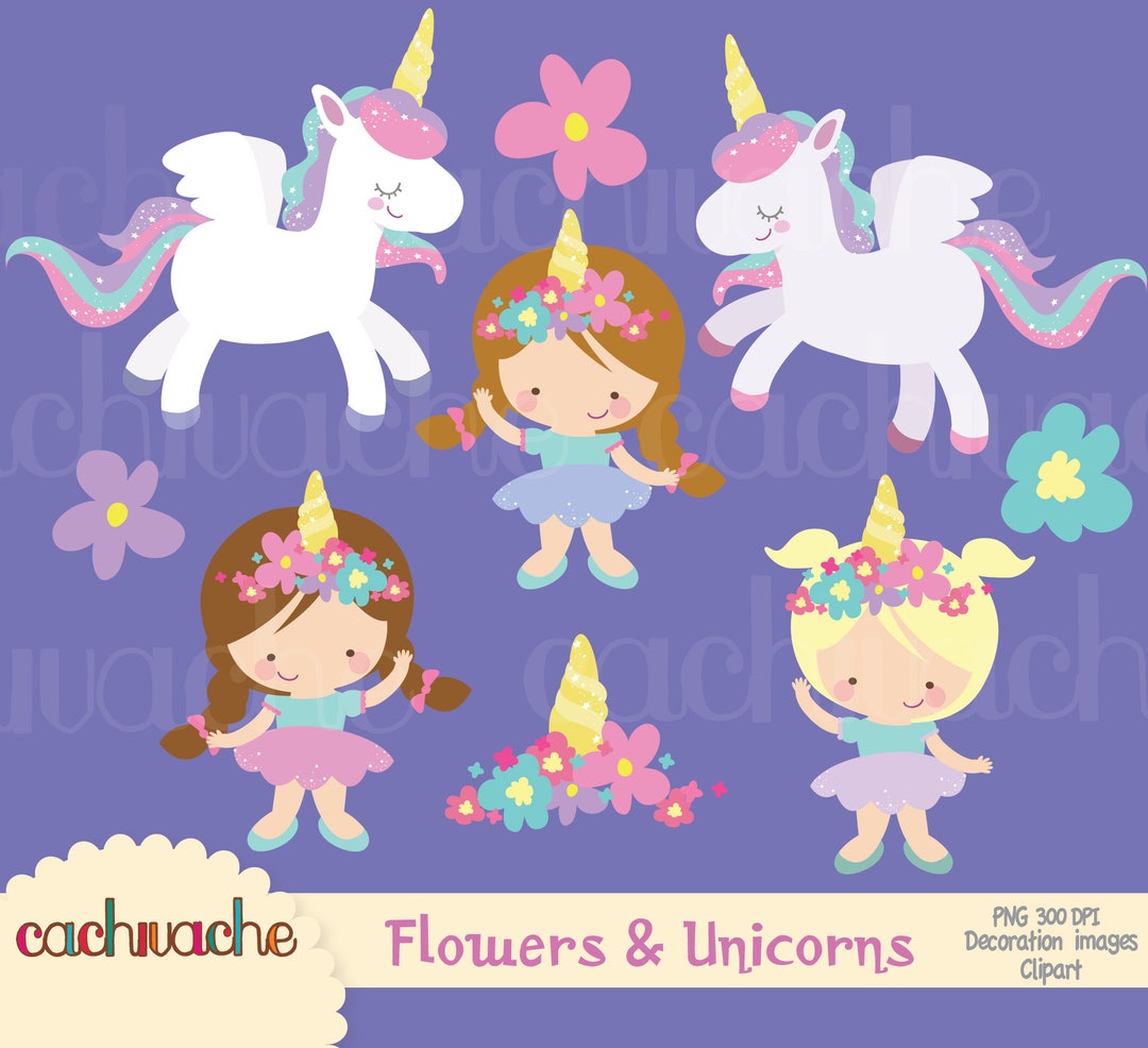 Unicorn Clipart, Cute Unicorn Clipart Set, Unicorn and Little Girls ...