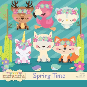 Clipart animaux de la forêt, clipart animaux de printemps, clipart animaux floraux, clipart des bois, clipart renard, clipart cerf - Jpg & Png en HQ