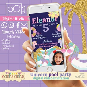 Unicorn pool party video invitation, pool party invitation, unicorn party invitation, Play it, Send it and share it-HQ digital animation