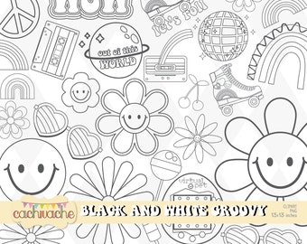 Retro clipart, outline art, Outline retro groovy clipart, groovy clipart, 90s line art, digital download-40 designs 2 file types HQ in PNG