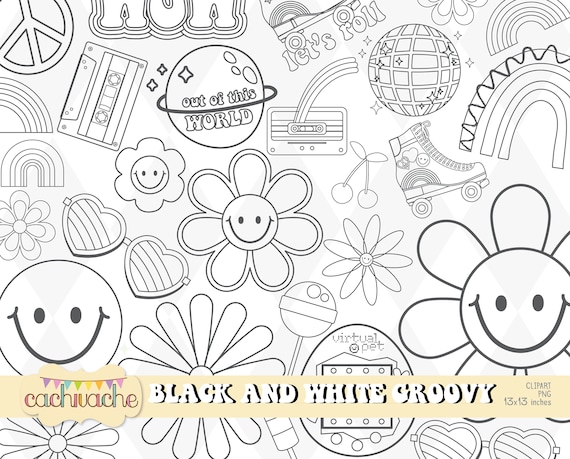 Retro clipart, outline art, Outline retro groovy clipart, groovy clipart, 90s line art, digital download-40 designs 2 file types HQ in PNG