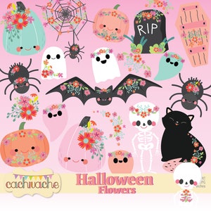 Halloween clipart - 23 diseños de Halloween con flores, Diseño de Halloween retro, Clipart de Calabazas rosas - PNG y JPG en HQ