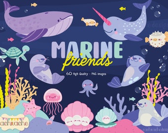 Cute Sea Animals Clipart - Marine Animals Clip art - Ocean Animals Designs - Digital download 60 PNG images in High Quality