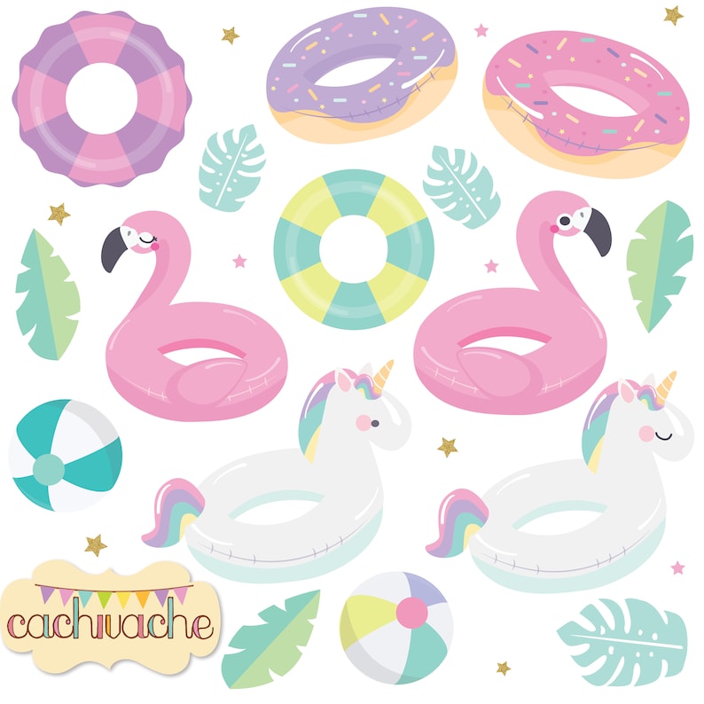 Summer pool party clipart, flamingo unicorn pool party clipart, flamingo clipart, unicorn clipart - PNG, JPG, Ai and EPS. License free