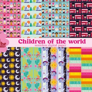 Children of the World Naadloos digitaal papier - 10 digitale patronen van Small World Children-ontwerp | Landen naadloos kinderpapier: png-bestanden