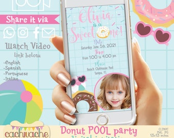 Donut pool party video invitation, pool party invitation, donut party invitation, Send it, costumize it and share it-HQ digital animation
