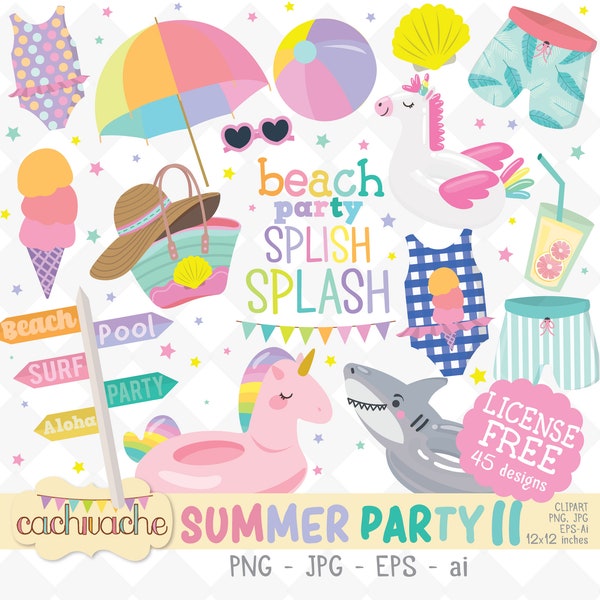 Summer Clipart, Pool Party Designs, Pool Floats clipart, Beach Party clipart, Summer PNG designs - PNG, JPG, and vector license free files