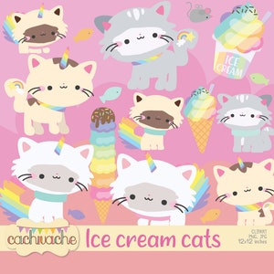 Set di clipart per gatti gelato, clipart gelato, clipart per gatti, clipart arcobaleno - più di 50 disegni in PNG e JPG in HQ