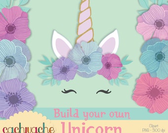 Clipart de unicornio de flores / clipart de unicornio de pestañas con purpurina. DIY png en HD, descarga instantánea