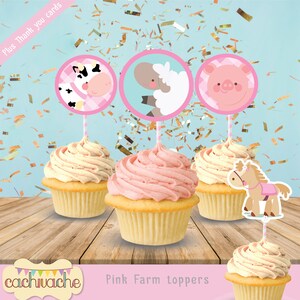 Décoration pour cupcakes fête à la ferme imprimable - thème de la ferme rose, décoration du 1er anniversaire de la fille - téléchargement immédiat, décoration de fête d'anniversaire