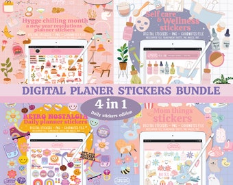 Digital planner stickers BUNDLE, Goodnotes stickers for ipad, hygge stickers + selfcare stickers + retro stickers + mom stickers