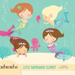 Cute Mermaid Clipart - Young Mermaid girls clipart for Under the Sea Decoration - Mermaid Design in JPG and transparent PNG files
