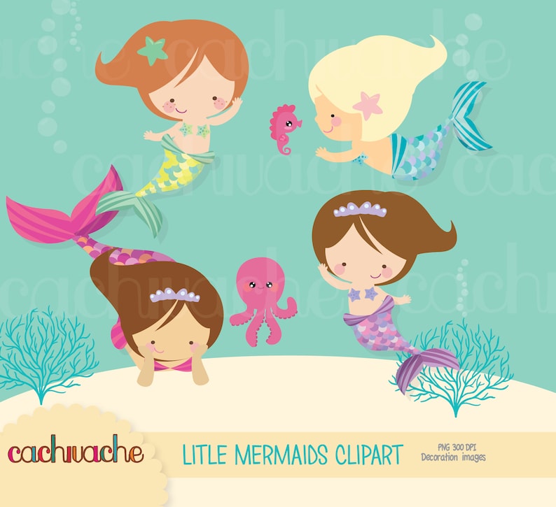 Cute Mermaid Clipart - Young Mermaid girls clipart for Under the Sea Decoration