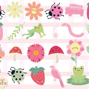 Kawaii spring graphics bundle featuring 62 transparent PNG elements for classroom decor, stickers and creative projects.