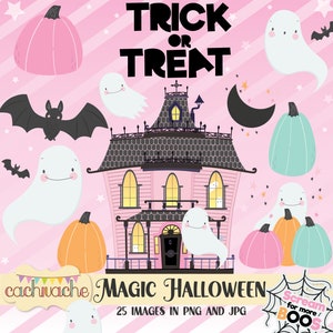Clipart Halloween, clipart Halloween mignon pour décoration de fête d'Halloween, 25 éléments d'Halloween en version rose, orange et bleu - PNG / JPG