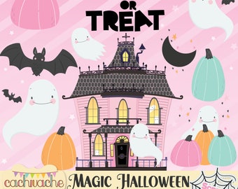 Halloween Clipart, Cute Halloween clipart for Halloween Party Decoration, 25 Halloween elements in pink, orange and blue version - PNG / JPG