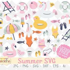 Clipart SVG de verano, clipart de fiesta de verano, diseños de fiesta en la piscina, archivos editables de verano- SVG, DXF, Ai, png y jpg