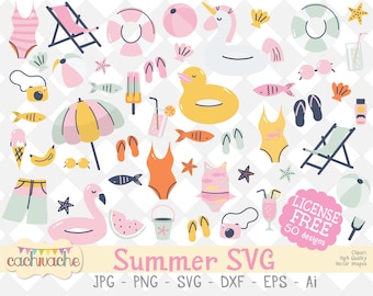 Summer SVG clipart, summer party clipart, pool party clipart, beach clipart, summertime designs, License free - SVG, DXF, eps, png and jpg