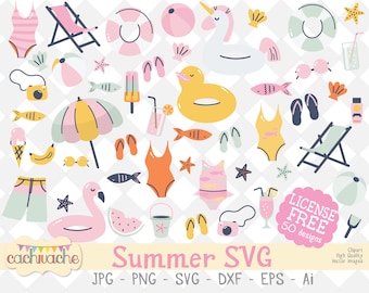 Summer SVG clipart, summer party clipart, pool party clipart, beach clipart, summertime designs, License free - SVG, DXF, Ai, png and jpg