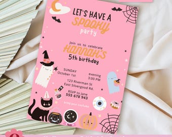 May include: A pink Halloween party invitation with the text "Let's Have a Spooky Party" and "Hannah's 5th birthday." The invitation includes illustrations of a ghost, black cat, pumpkin, and spiderweb. The text "Halloween Editable Invite" is at the bottom.