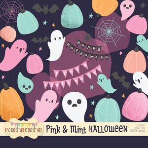 Pink Halloween Clipart: Ghosts, Bats, Pumpkins (PNG File)