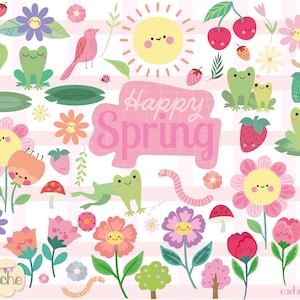 Kawaii spring clipart bundle with 62 pastel PNG elements including cute frogs, flowers, birds, strawberries and smiling sun for commercial use.