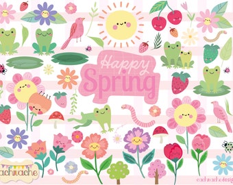 Spring Clipart PNG – Kawaii Spring Bundle – Cute Flowers Frog Birds Strawberry Sun – 62 Pastel Graphics – Commercial Use