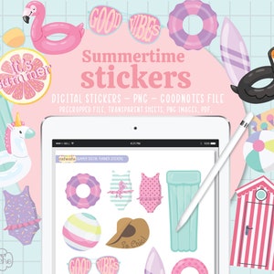 Summer Digital Stickers for GoodNotes, Pre-cropped Digital Planner Stickers, Beach Stickers, Goodnotes stickers, printable stickers, PNG