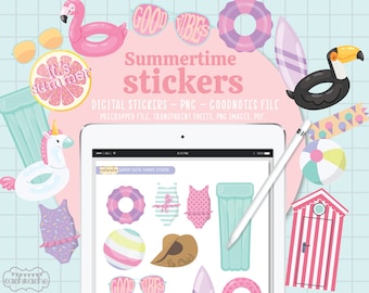 Summer Digital Stickers for GoodNotes, Pre-cropped Digital Planner Stickers, Beach Stickers, Goodnotes stickers, printable stickers, PNG