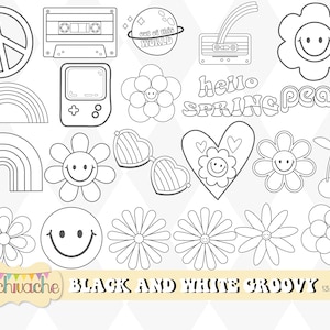 Outline Retro Groovy Clipart, Retro Doodles Clipart für Malbuch, digitaler Download mit 40 Designs zum digitalen Download in PNG
