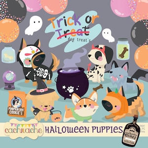Halloween Dogs Clipart - 20 Halloween Puppies Design, Dogs with Halloween costumes, Dog clipart, JPG - PNG files, Digital download