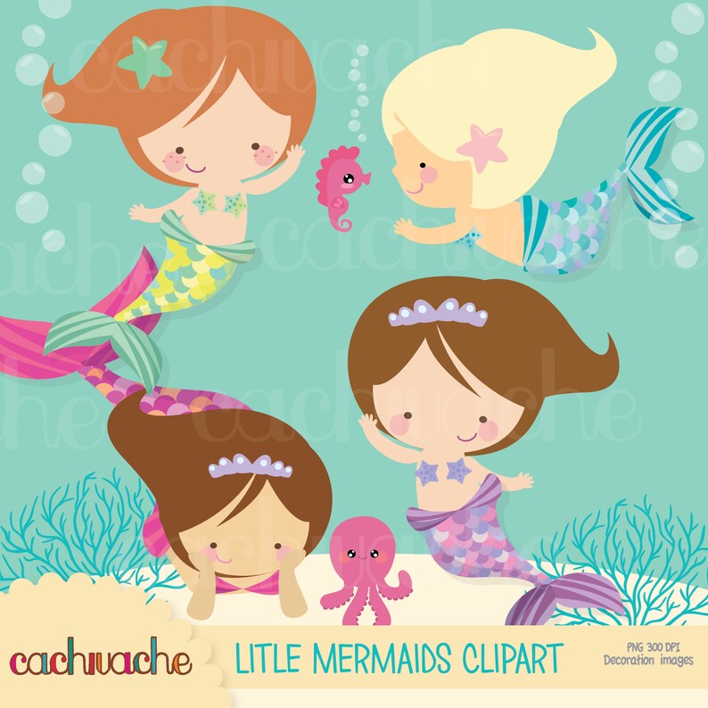 Cute Mermaid Clipart - Young Mermaid girls clipart for Under the Sea Decoration